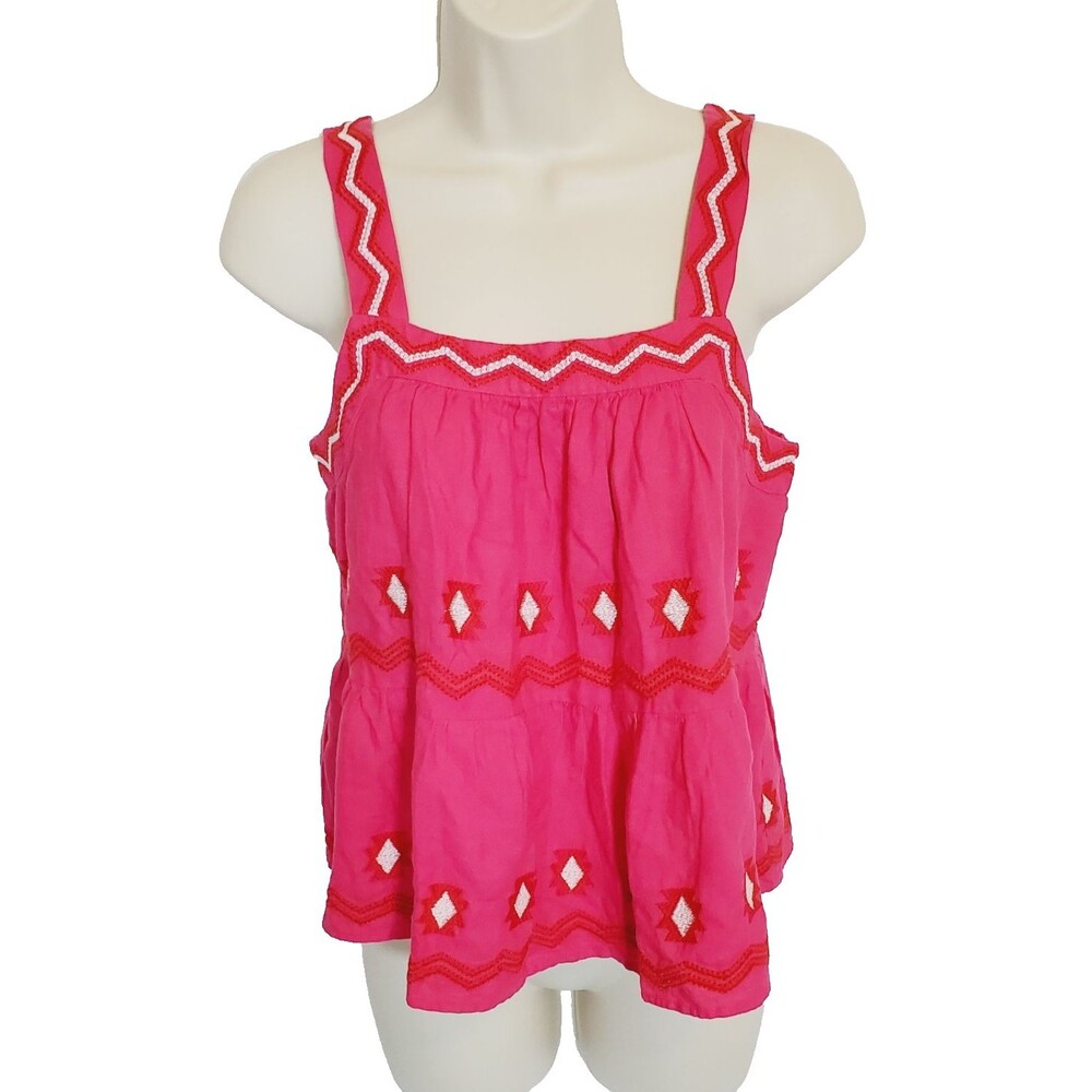 NWT LOFT Women’s Top Size XS Pink White Linen Blend Embroidered Aztec Oversized